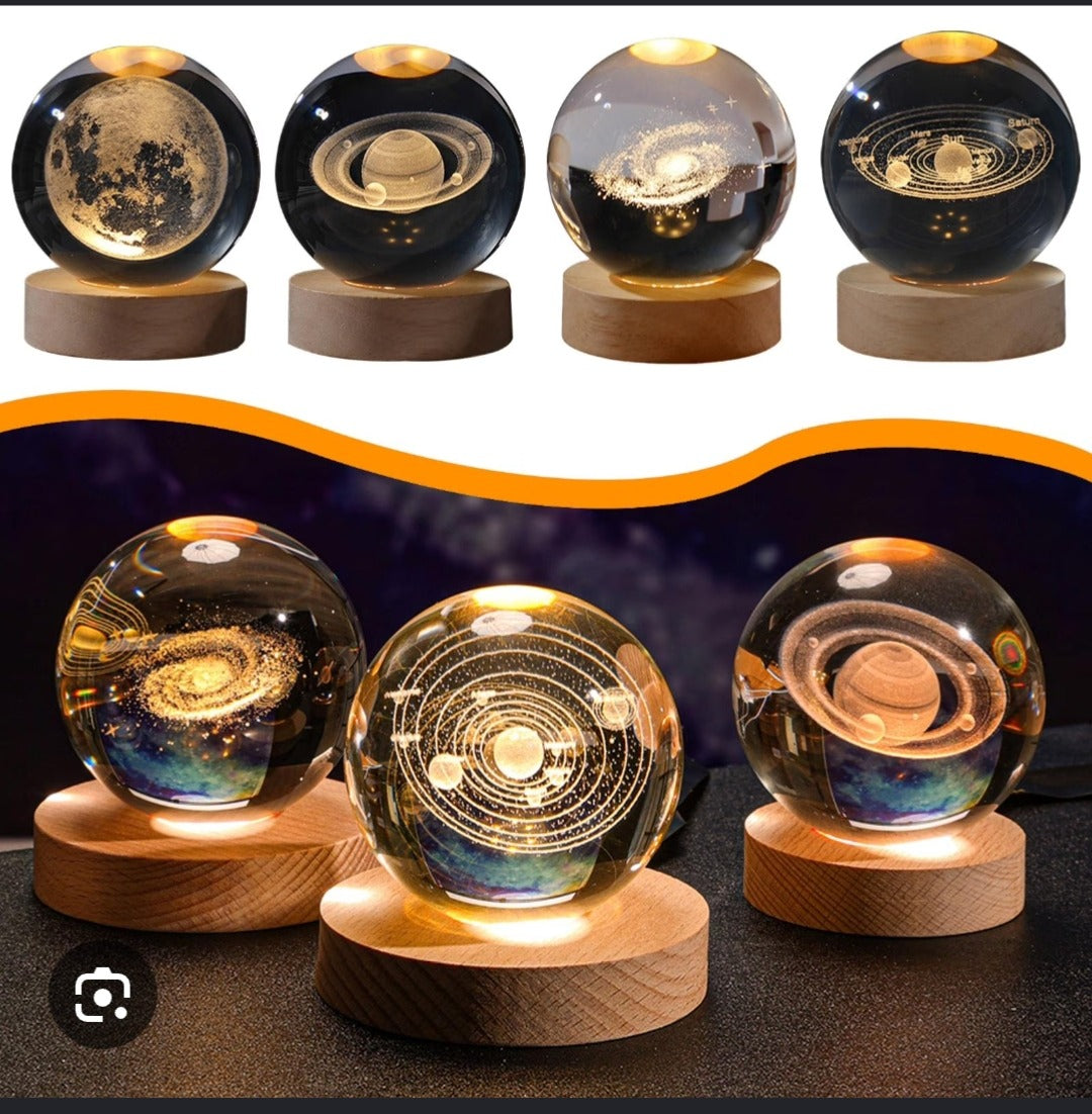 3d Galaxy Crystal Ball Night Light With Wooden Base - Decor Item Designed For Room Lighting And Daily Illumination Routine (Random Design)