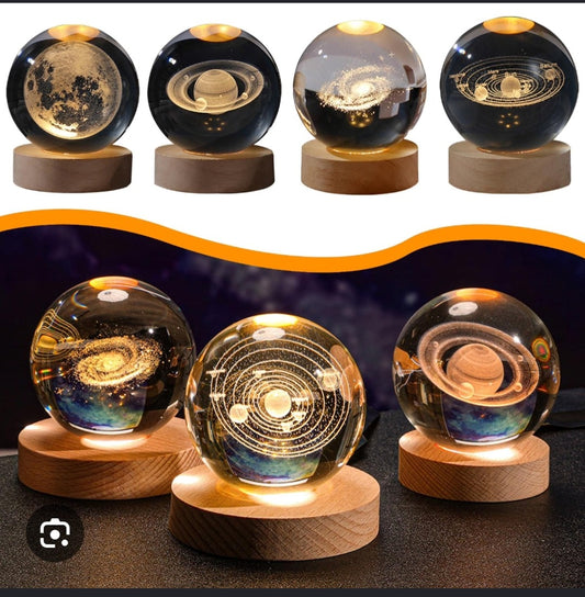 3d Galaxy Crystal Ball Night Light With Wooden Base - Decor Item Designed For Room Lighting And Daily Illumination Routine (Random Design)