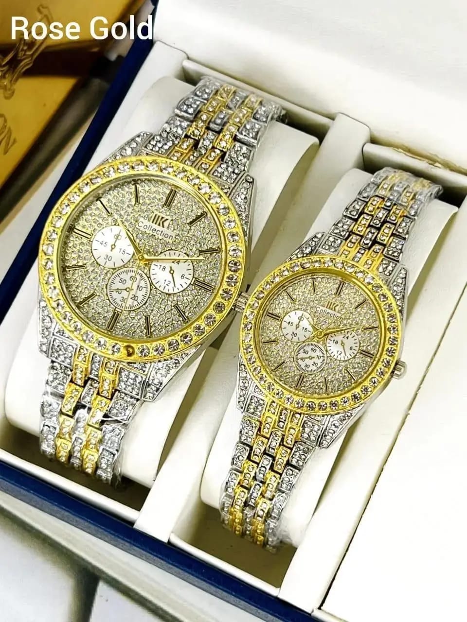 Luxury Diamond-Accented Couple Watch Set (Without Box) - Golden