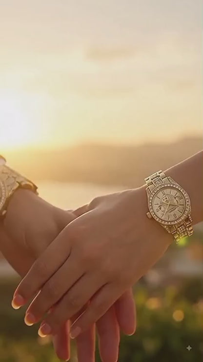 Luxury Diamond-Accented Couple Watch Set (Without Box) - Golden